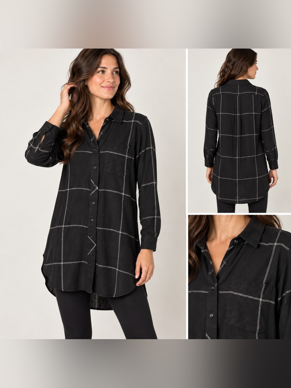 Athleta Presidio Tunic Shirt Medium Black Windowpane Plaid Button Down Long Slee